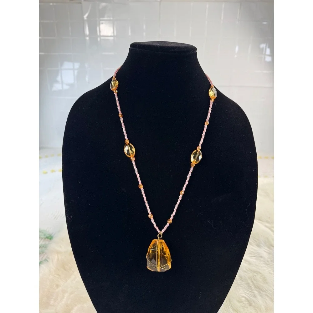 Handmade Amber Crystal‎ Wire Wrapped Beaded Eyeglass Chain Necklace Pink Gold